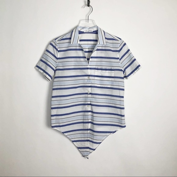 Equipment XS Short Sleeve Tie Front Striped Top Blue White - Picture 3 of 6